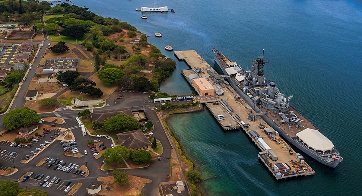 Aerial view of the USS Missouri on a calm day